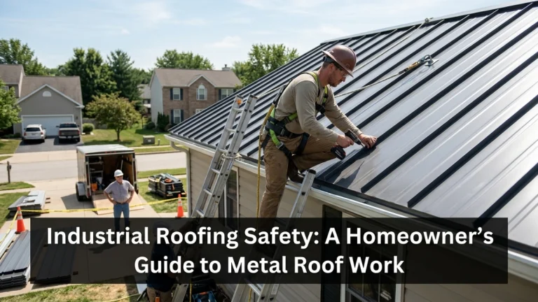 Roofer using fall protection on a residential metal roof while homeowner stays safely below.