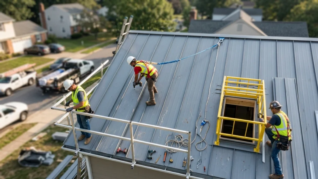 Roof crew using harnesses, guardrails, and opening protection on a residential metal roof.
