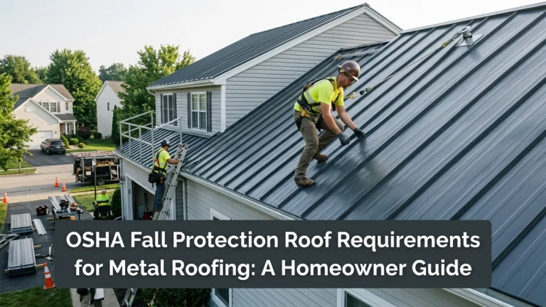 Roofer using a harness and secure anchor while working safely on a standing-seam metal roof.