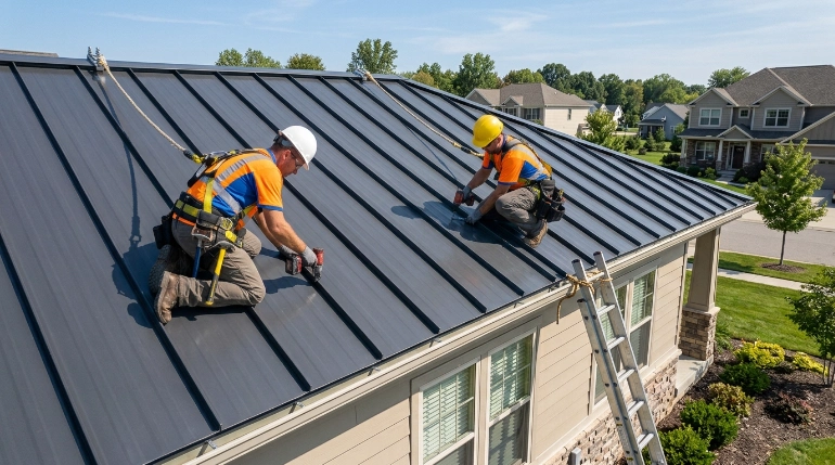 OSHA rooftop fall protection on a residential metal roof