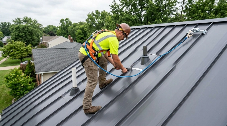Metal roof personal fall arrest system and OSHA fall protection equipment