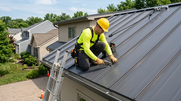 OSHA rooftop safety practices on a residential metal roof