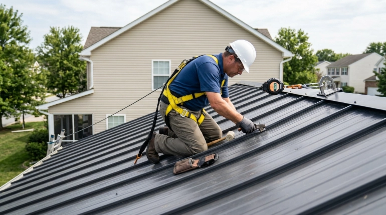 OSHA rooftop fall protection system for metal roofing work
