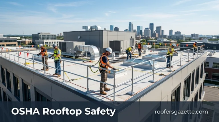 OSHA rooftop safety practices on a residential metal roof