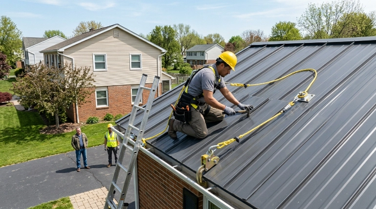 Reliable rooftop fall protection on a residential metal roof
