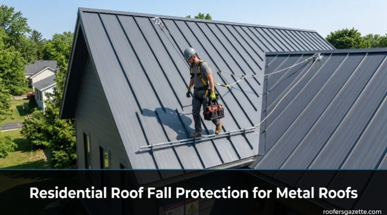 residential roof fall protection on a metal roof with roofer wearing safety harness