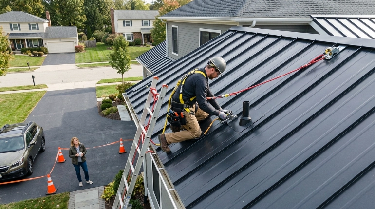 residential roof fall protection on a metal roof with roofer wearing safety harness
