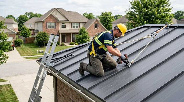 metal roof fall protection harness lifeline and roof anchor system