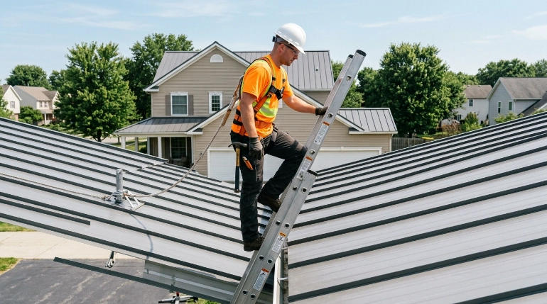 Roof access safety setup for a residential metal roof