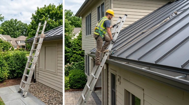 Safe ladder setup for metal roof access safety