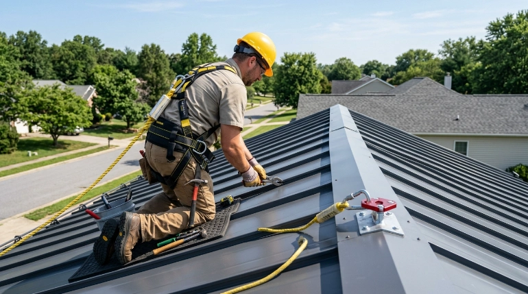 roof anchor for safety harness on a standing seam metal roof
