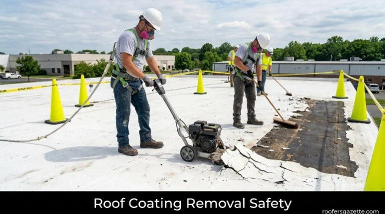 Roof coating removal safety on a residential metal roof