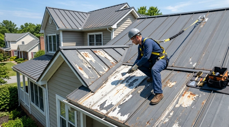 Roof coating removal safety on a residential metal roof