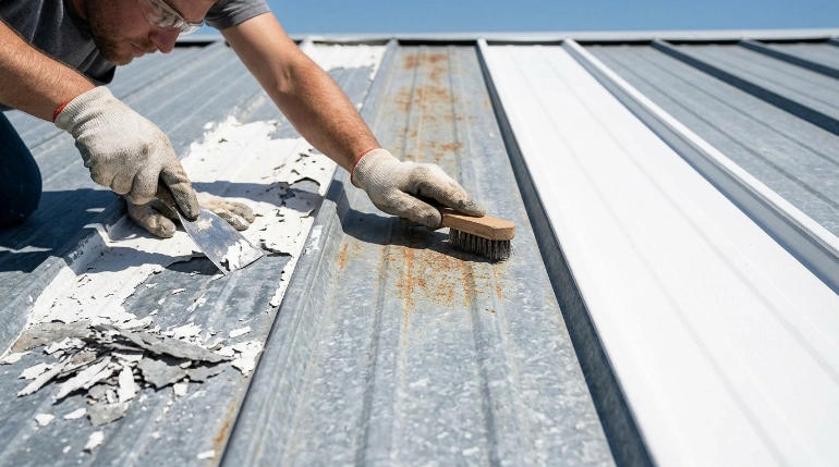 Safe metal roof coating removal methods and surface preparation