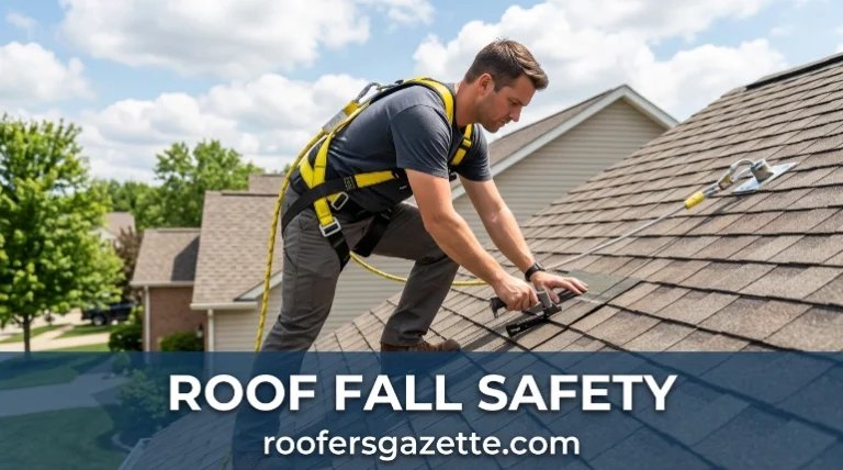 Roof fall safety equipment used by a professional on a metal roof
