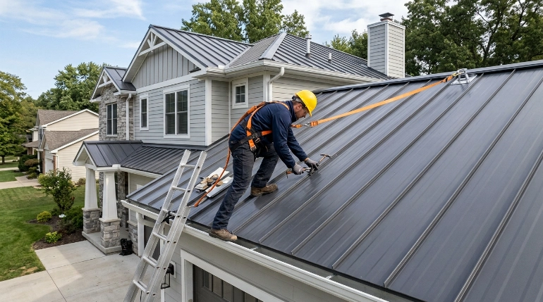 Roof fall safety equipment used by a professional on a metal roof