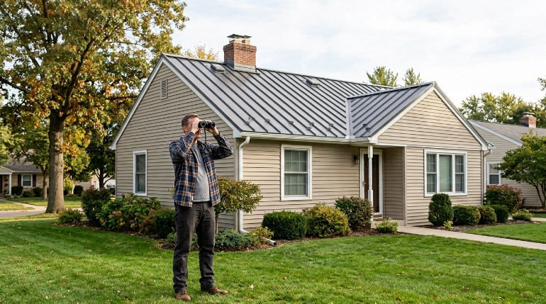 Homeowner practicing metal roof fall safety with ground-level inspection