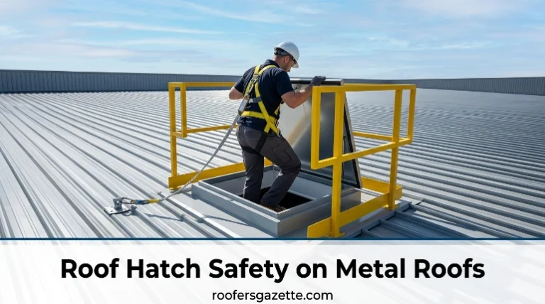 roof hatch safety setup on a metal roof with ladder and guardrails