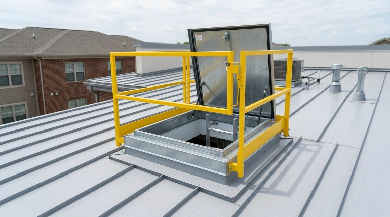 roof hatch safety setup on a metal roof with ladder and guardrails