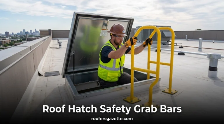 Roof hatch safety grab bars beside fixed ladder on metal roof