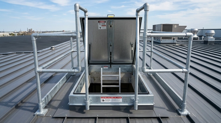 Roof hatch safety grab bars beside fixed ladder on metal roof