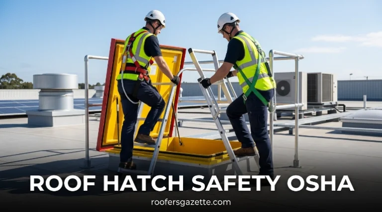roof hatch safety OSHA guardrail system on metal roof