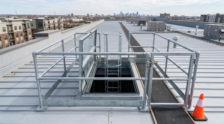 roof hatch safety OSHA guardrail system on metal roof