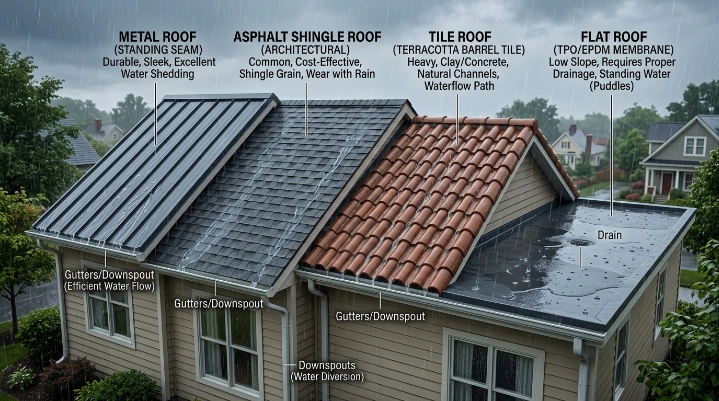 What causes a roof to leak during heavy rain on a metal roof