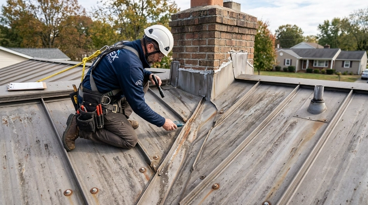 Metal roof leak causes including aging fasteners and damaged seams
