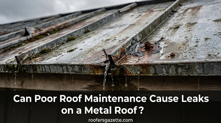 Homeowner inspecting a metal roof for loose fasteners and damaged washers as part of regular maintenance.