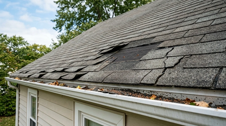 Close up of damaged and curling asphalt roof shingles that can cause roof leaks