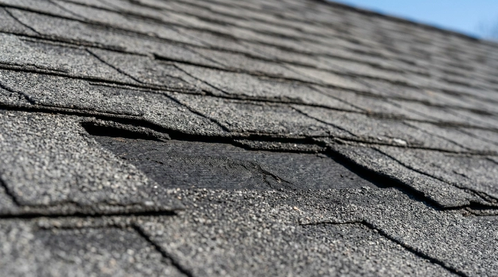 Close-up of a residential roof with a missing asphalt shingle showing the underlayment, highlighting a potential cause for water leaks.