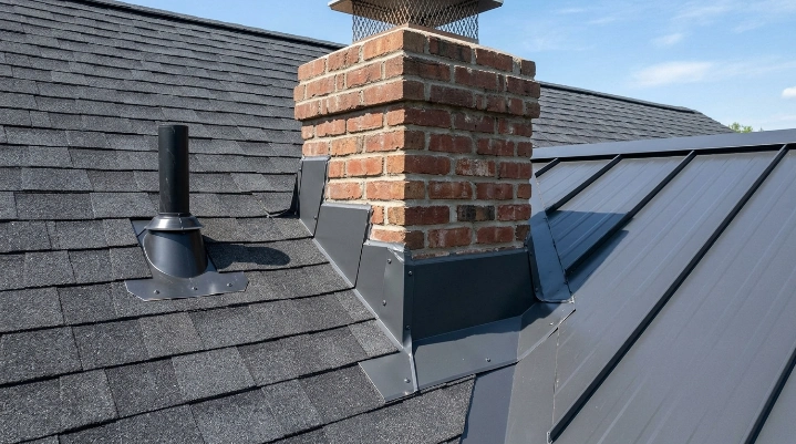 Close-up view of metal roof flashing installed around a chimney and vent pipe to prevent roof leaks.