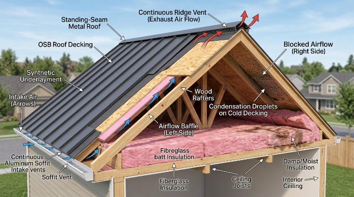 Can roof ventilation problems cause leaks under a metal roof