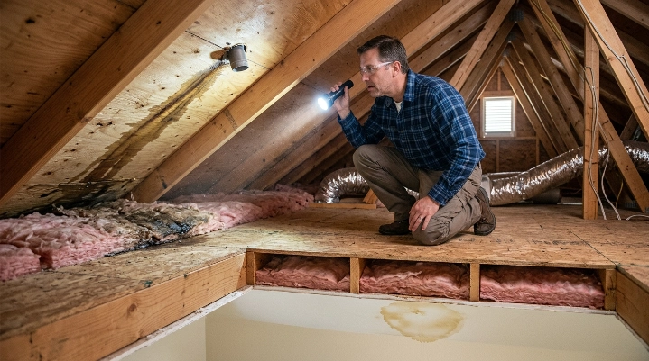 How to find a hidden roof leak by tracing attic water damage