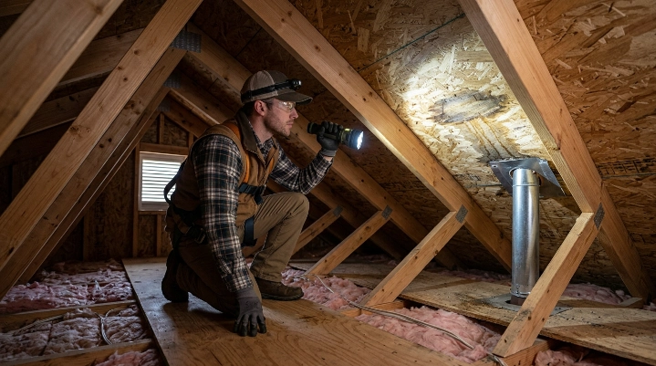 How to find a roof leak in the attic by inspecting wet decking and rafters