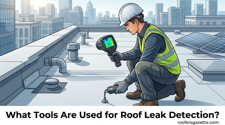 What tools are used for roof leak detection including moisture meter and thermal camera