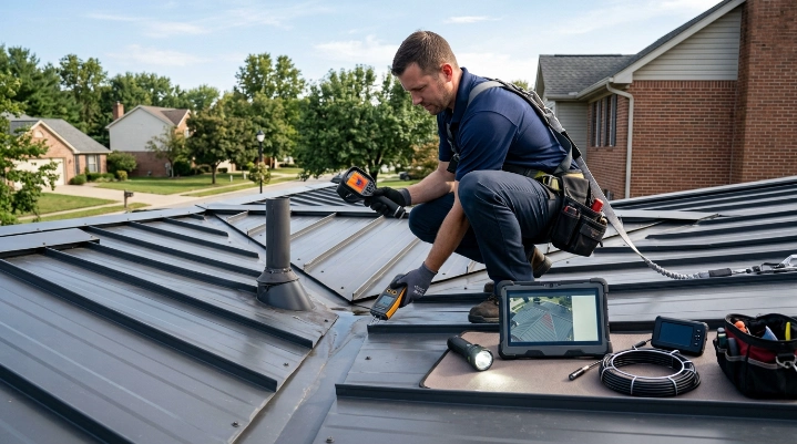What tools are used for roof leak detection including moisture meter and thermal camera