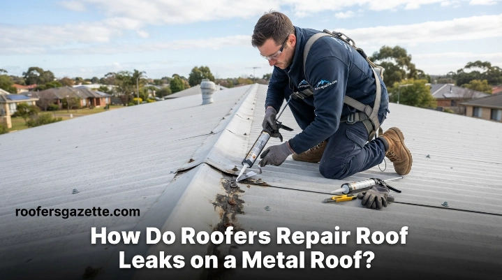 Roofer inspecting a metal roof to determine how roofers repair roof leaks