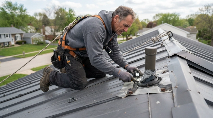 Roofer inspecting a metal roof to determine how roofers repair roof leaks