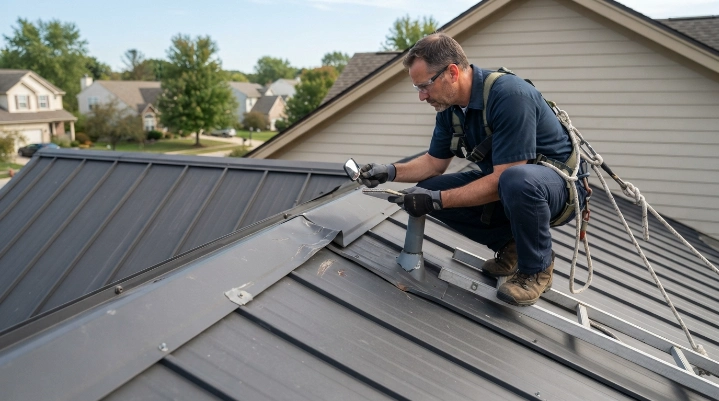 How to repair a damaged roof with visible metal roof panel and flashing damage