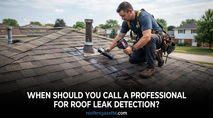 Professional roof leak detection inspection on a residential metal roof