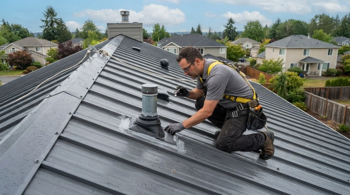 Professional inspection showing how long roof leak detection takes on a metal roof