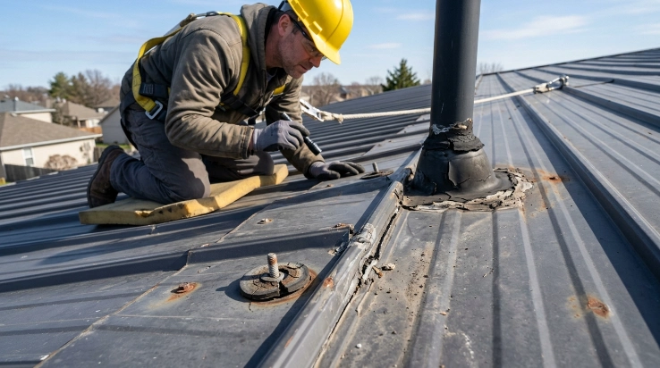 metal roof leak repair inspection of fasteners and flashing