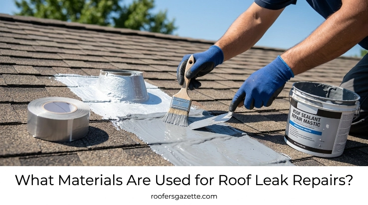 Metal roof leak repair using flashing sealant screws and sheet metal