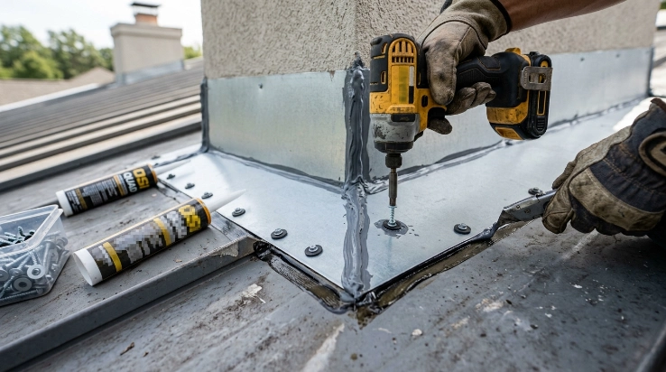 Metal roof leak repair using flashing sealant screws and sheet metal