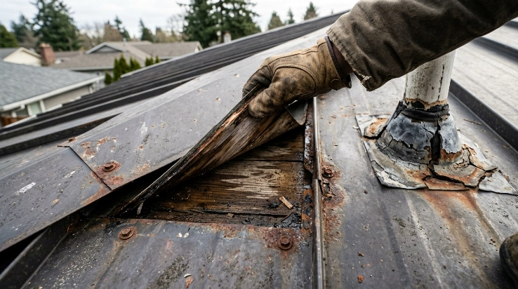 Metal roof corrosion and recurring leak warning signs