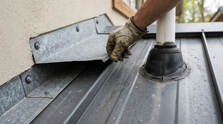Common metal roof leak repair areas including flashing seams and fasteners
