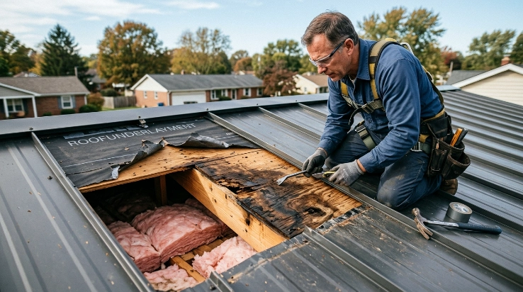 Metal roof leak with damaged decking and wet insulation