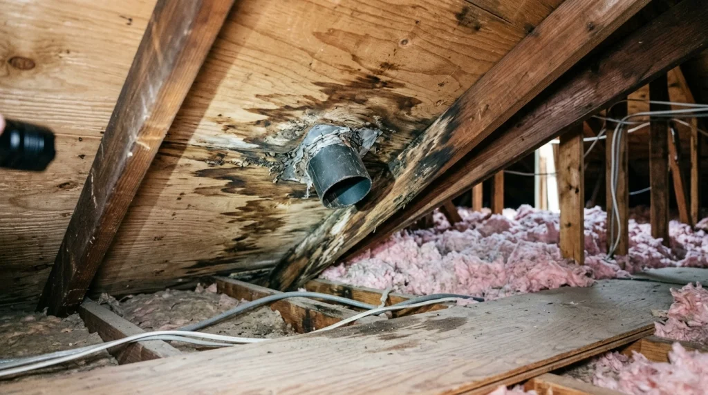 Damaged roof decking showing water stains and wood deterioration